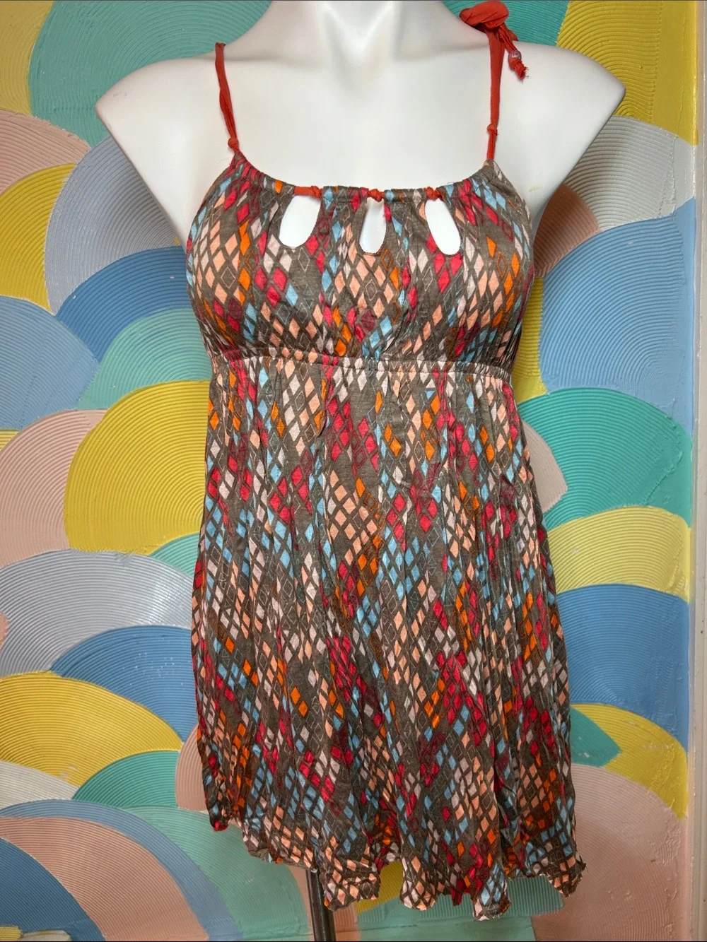 Free People 2010s  Sleeveless Multicolor Diamond-Pattern Summer Dress sz M